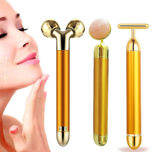 24k Gold Energy Beauty Bar Set 3D Facial Vibration Massage Jade Roller Face Massager Stick Skincare Face Roller Face Lift Stick